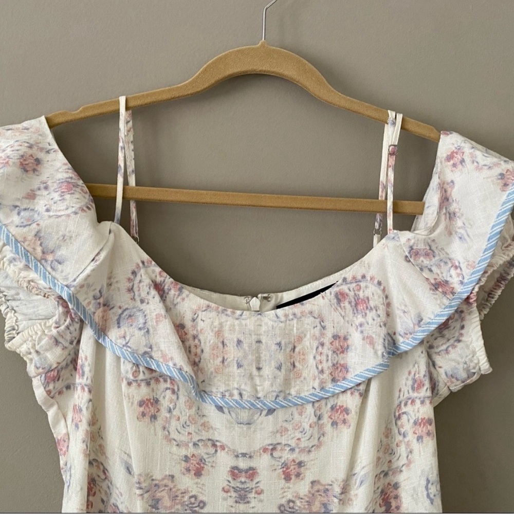 BCBG MAX AZRIA | Hi/Low Off Shoulder Floral Linen MIDI | M - Picture 4 of 6